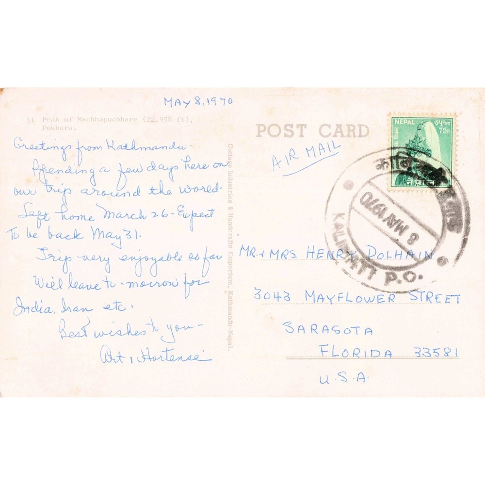 Vtg 1970 Machhapuchhare Peak Nepal Postcard Pokhara Fish Tail Mountain Sunset - Picture 2 of 2